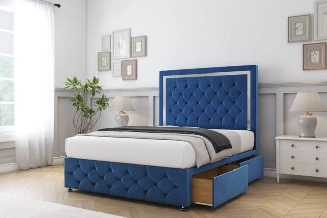 "Sloomy Sofia Chrome Plush Divan Set 2 Drawers-54"" Headboard-Footboard in Blue - Size: Single" - image 1