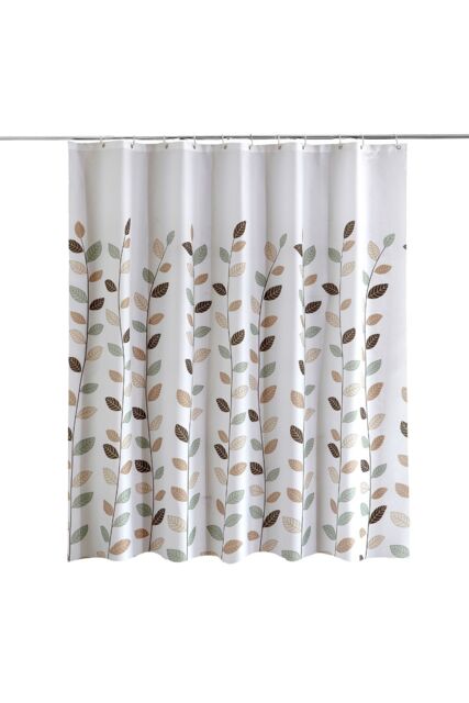 Neel Blue Leaves Design Polyester Shower Curtain, Water-Resistant Bathroom Curtain With 12 Hooks - 180x200cm - Size: 180 cm width x 200 cm drop - image 1