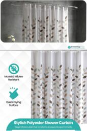 Neel Blue Leaves Design Polyester Shower Curtain, Water-Resistant Bathroom Curtain With 12 Hooks - 180x200cm - Size: 180 cm width x 200 cm drop - thumbnail 3
