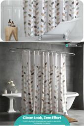 Neel Blue Leaves Design Polyester Shower Curtain, Water-Resistant Bathroom Curtain With 12 Hooks - 180x200cm - Size: 180 cm width x 200 cm drop - thumbnail 5