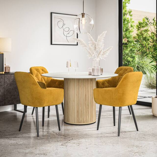 More4Homes Arlo White Marble Top W Oak Legs + Anika Velvet Dining Chair Set Of 4 in Mustard - image 1