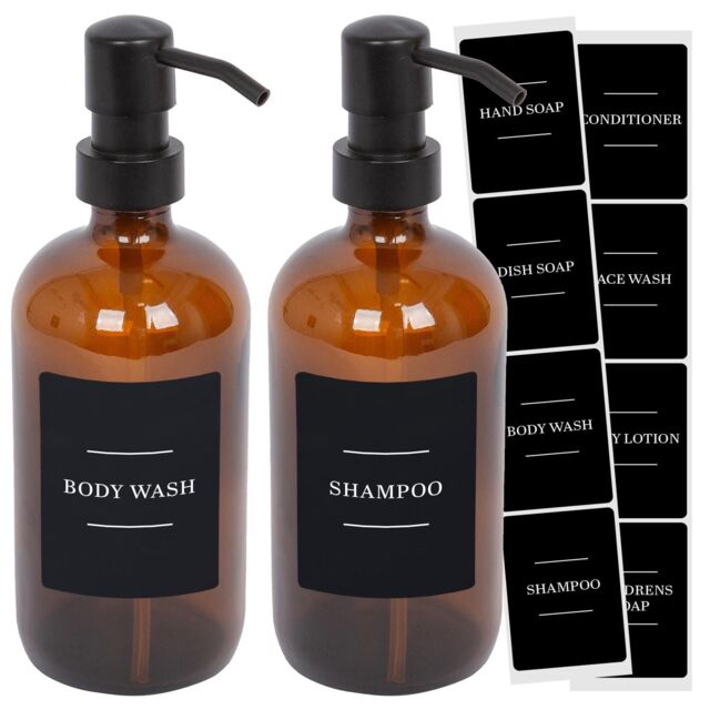 Harbour Housewares Glass Soap Dispensers with Labels - 500ml - Black - Pack of 2 in Orange - image 1