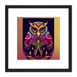 Artery8 Colourful Multicoloured New Age Folk Style Owl Bird Portrait Illustration Square Wooden Framed Wall Art Print Picture 8X8 Inch in Black - thumbnail 1