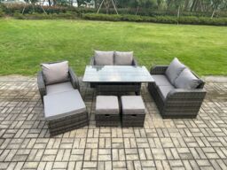 8 Seater Lounge Rattan Sofa Set Outdoor Garden Furniture Oblong Rectangular Dining Table With Chairs 3 Footstools Dark Grey Mixed