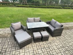 Fimous 8 Seater Lounge Rattan Sofa Set Outdoor Garden Furniture Oblong Rectangular Dining Table With Chairs 3 Footstools Dark Grey Mixed - thumbnail 2