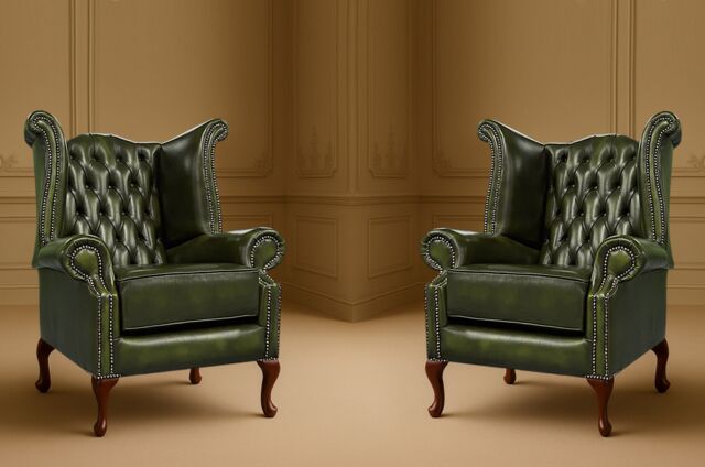 Somnior 2 Leather Chesterfield Wingback Scrolled Arm Chair Set UK Manufactured in Dark Green - Size: 1 Seater - image 1