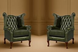 Somnior 2 Leather Chesterfield Wingback Scrolled Arm Chair Set UK Manufactured in Dark Green - Size: 1 Seater