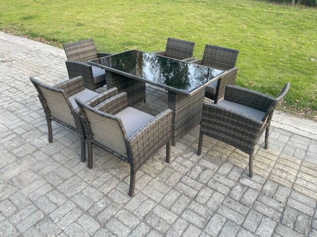 Fimous Wicker PE Outdoor Rattan Garden Furniture Arm Chair & Table Dining Sets 6 Seater Rectangular Table Dark Grey Mixed - image 1