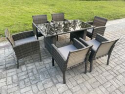 Fimous Wicker PE Outdoor Rattan Garden Furniture Arm Chair & Table Dining Sets 6 Seater Rectangular Table Dark Grey Mixed - thumbnail 2