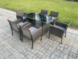 Fimous Wicker PE Outdoor Rattan Garden Furniture Arm Chair & Table Dining Sets 6 Seater Rectangular Table Dark Grey Mixed - thumbnail 1