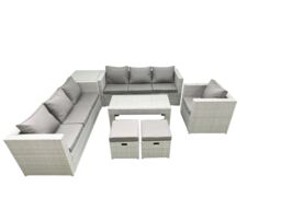 Fimous Wicker PE Rattan Sofa Garden Furniture Set with Oblong Coffee Table Armchair 2 Small Footstools Side Table Light Grey Mixed - thumbnail 2