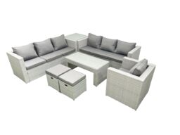 Fimous Wicker PE Rattan Sofa Garden Furniture Set with Oblong Coffee Table Armchair 2 Small Footstools Side Table Light Grey Mixed - thumbnail 1