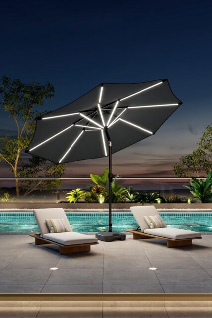 Garden Sanctuary Solar Powered LED Garden Parasol Patio Umbrella with Plastic Fillable Base in Dark Grey - image 1