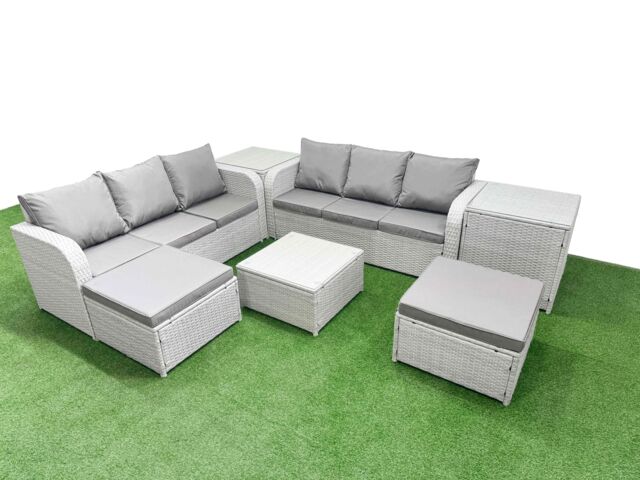 Fimous Outdoor Garden Furniture Sets 8 Seater Wicker Rattan Furniture Sofa Sets w/ Square Coffee Table high Back Lounge Sofa 2 Big Footstool 2 Side - image 1