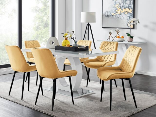 FurnitureboxUK Giovani 6-Seater Grey Glass Dining Table & 6 Pesaro Soft Velvet Dining Chairs in Mustard - image 1