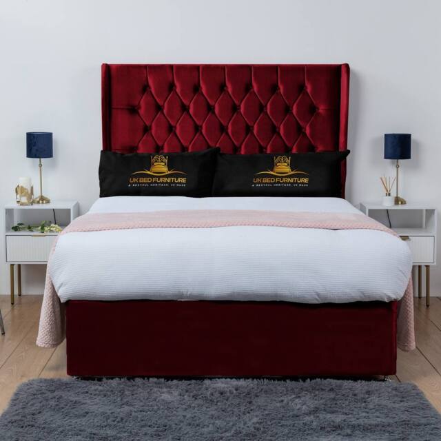 UK Bed Furniture Mary Winged Divan Bed Base with 54Inch Buttoned Headboard - No Storage in Maroon - Size: King - image 1