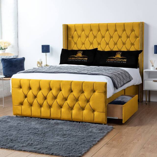 UK Bed Furniture Emily Wingback Divan Bed with 2 Foot End Drawers & 54 Inch Headboard in Mustard - Size: Super King - image 1
