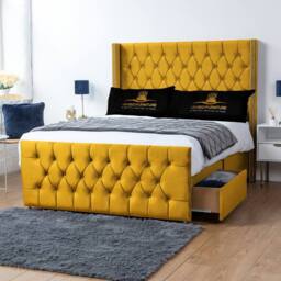 UK Bed Furniture Emily Wingback Divan Bed with 2 Foot End Drawers & 54 Inch Headboard in Mustard - Size: Super King