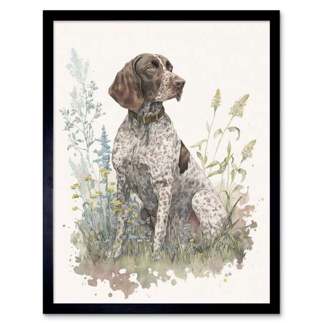 "Artery8 Wall Art Print German Pointer Dog Sitting in Field Modern Detailed Pastel Watercolour Art Framed in Black - Size: W12"" x H16""" - image 1