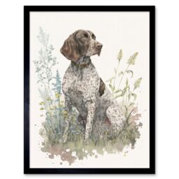 "Artery8 Wall Art Print German Pointer Dog Sitting in Field Modern Detailed Pastel Watercolour Art Framed in Black - Size: W12"" x H16""" - thumbnail 1