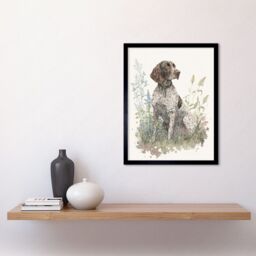 "Artery8 Wall Art Print German Pointer Dog Sitting in Field Modern Detailed Pastel Watercolour Art Framed in Black - Size: W12"" x H16""" - thumbnail 2