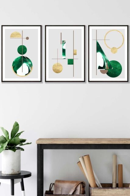 ARTZE Abstract Textured Geometric Art in Green & Gold Framed Wall Art - Medium in Black - Size: W45 cm x H62 cm x D20mm - image 1