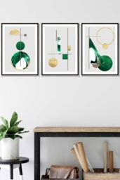 ARTZE Abstract Textured Geometric Art in Green & Gold Framed Wall Art - Medium in Black - Size: W45 cm x H62 cm x D20mm