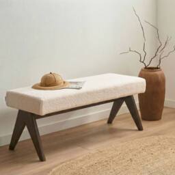 Wyld and Coco Boucle Bench Off-White and Brown Rubberwood Legs W118 x D46 x H48cm in White