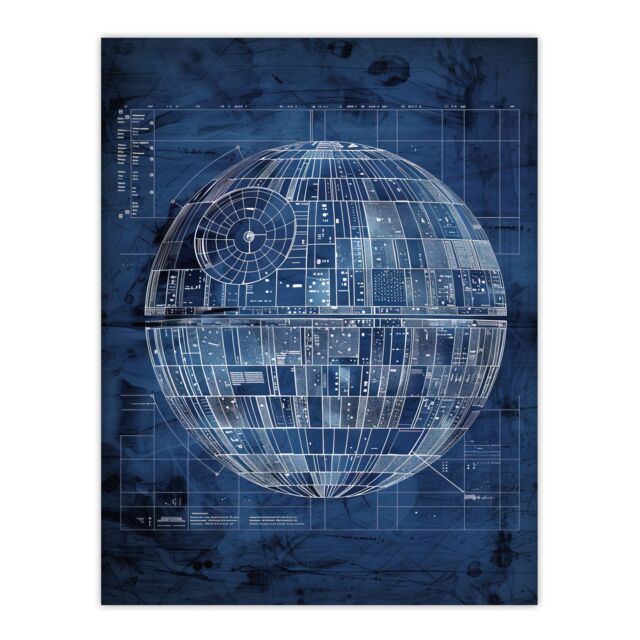 "Artery8 Space Station Blueprint Star Design Death Wall Art Print in Blue - Size: W24"" x H32""" - image 1