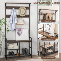 Costway 3-in-1 Coat Rack Hall Tree with Shoe Bench & Shoe Storage in Brown - thumbnail 5