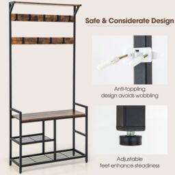Costway 3-in-1 Coat Rack Hall Tree with Shoe Bench & Shoe Storage in Brown - thumbnail 8