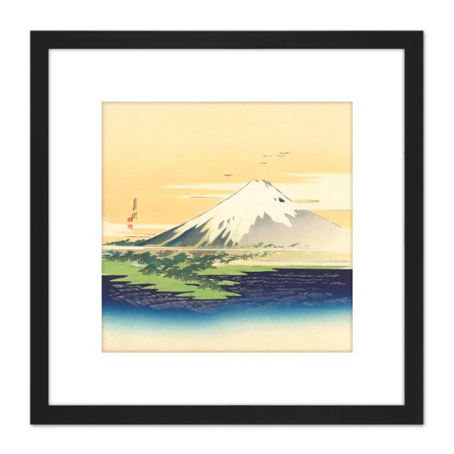 Artery8 Mount Fuji Japan 8X8 Inch Square Wooden Framed Wall Art Print Picture with Mount in Black - image 1