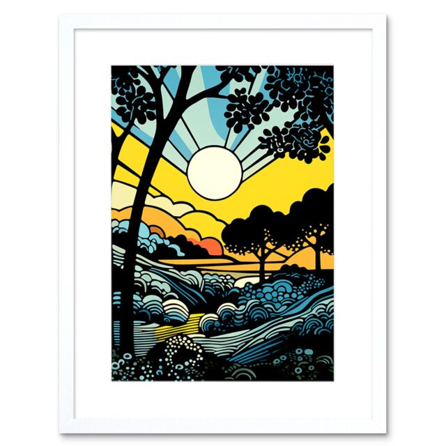 "Artery8 Wall Art Print Forest Sunrise Landscape Sun Rays Patterns Blue Orange Pop Art Comic Book Halftone Artwork Framed 9X7 Inch - Size: W7"" x H9""" - image 1