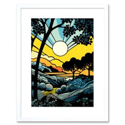 "Artery8 Wall Art Print Forest Sunrise Landscape Sun Rays Patterns Blue Orange Pop Art Comic Book Halftone Artwork Framed 9X7 Inch - Size: W7"" x H9""" - thumbnail 1