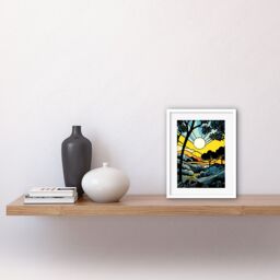 "Artery8 Wall Art Print Forest Sunrise Landscape Sun Rays Patterns Blue Orange Pop Art Comic Book Halftone Artwork Framed 9X7 Inch - Size: W7"" x H9""" - thumbnail 2