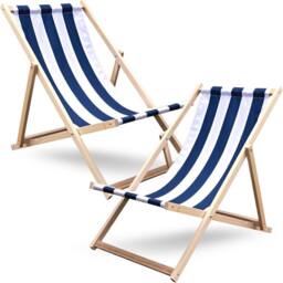 Novecrafto Traditional Folding Wood Deck Chairs - Adjustable Seaside Lounger for Beach/Garden with Canvas Fabric Set of 2 in Blue - thumbnail 1