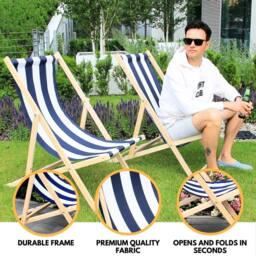 Novecrafto Traditional Folding Wood Deck Chairs - Adjustable Seaside Lounger for Beach/Garden with Canvas Fabric Set of 2 in Blue - thumbnail 2