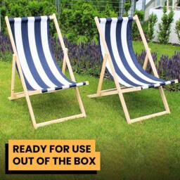 Novecrafto Traditional Folding Wood Deck Chairs - Adjustable Seaside Lounger for Beach/Garden with Canvas Fabric Set of 2 in Blue - thumbnail 7