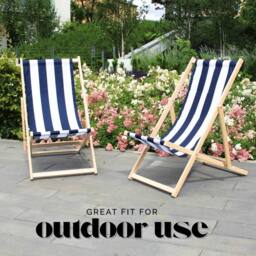 Novecrafto Traditional Folding Wood Deck Chairs - Adjustable Seaside Lounger for Beach/Garden with Canvas Fabric Set of 2 in Blue - thumbnail 4