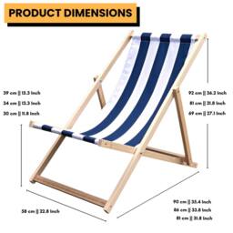 Novecrafto Traditional Folding Wood Deck Chairs - Adjustable Seaside Lounger for Beach/Garden with Canvas Fabric Set of 2 in Blue - thumbnail 3