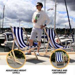 Novecrafto Traditional Folding Wood Deck Chairs - Adjustable Seaside Lounger for Beach/Garden with Canvas Fabric Set of 2 in Blue - thumbnail 5