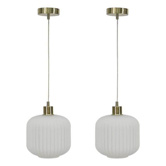 First Choice Lighting Set of 2 Bento - White Ribbed Glass with Satin Brass Pendant Fittings - image 1