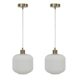 First Choice Lighting Set of 2 Bento - White Ribbed Glass with Satin Brass Pendant Fittings