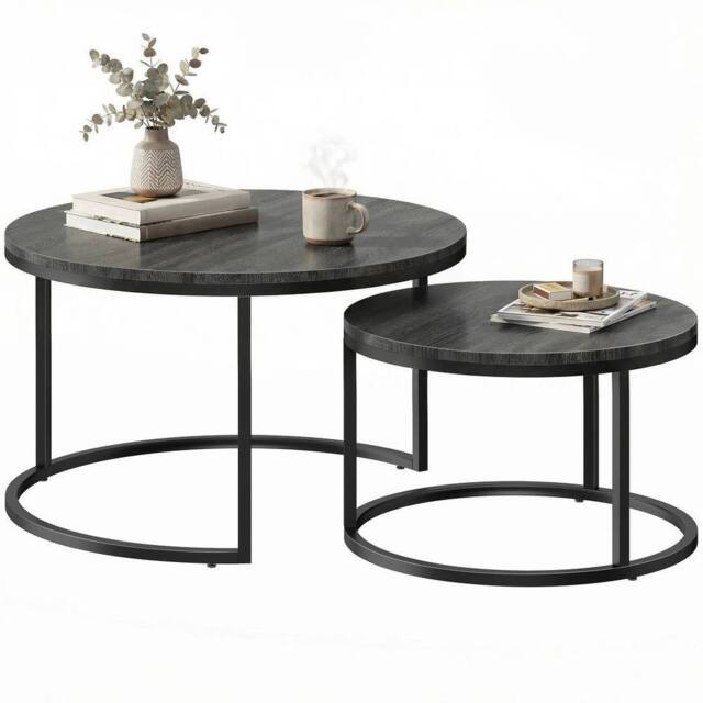 NESTLUNE 2 Pcs Stacking Coffee Table Set Steel Frame in Black - Size: 100 cm x 15 cm - image 1