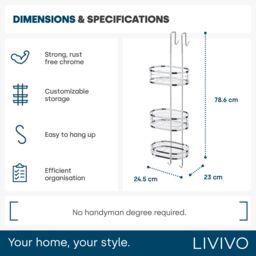 LIVIVO Over Shower Door Hanging Rack Chrome 3 Tier Bathroom Caddy Storage Organiser No Drill Shower Shelf in Metallic Silver - thumbnail 6