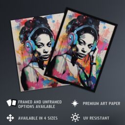 "Artery8 Wall Art Print Woman Wearing Headphones Splat Art Colourful Painting Wall Mural Detail Baltimore Club Music Art Framed - Size: W12"" x H16""" - thumbnail 2