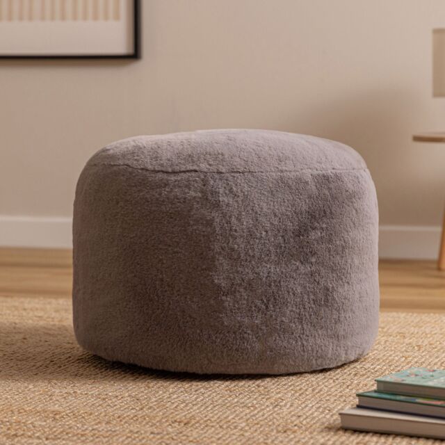 icon Milano Rabbit Faux Fur Round Footstool Bean Bag in Light Grey - Size: Medium - image 1
