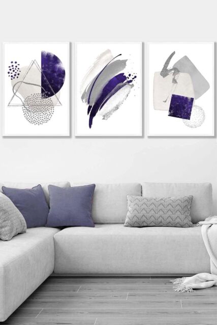 ARTZE Set of 3 White Framed Abstract Purple Silver Watercolour Shapes Wall Art - Size: W45 cm x H62 cm x D20mm - image 1