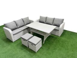 Fimous Outdoor Garden Furniture Sets 8 Seater Wicker Rattan Furniture Sofa Sets with Rectangular Dining Table high Back Lounge Sofa Stools Light Grey - thumbnail 2