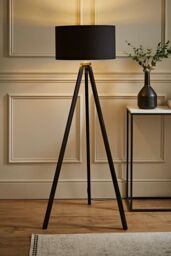 ValueLights Barbro Black Wood Tripod Floor Light Lamp with Reni Drum Shade in Metallic Gold - thumbnail 1